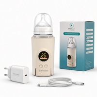 Incalzitor Biberon/Biberoane Portabil FAVsmart K6, Incalzeste Laptele din Rece Oriunde Fara Priza, 8000 mAh, USB-C 18W, Ecran LCD, 6 Trepte 38-50°C, Incalzire 360°, Lumina de Veghe, Incarcator Priza Inclus, Bej