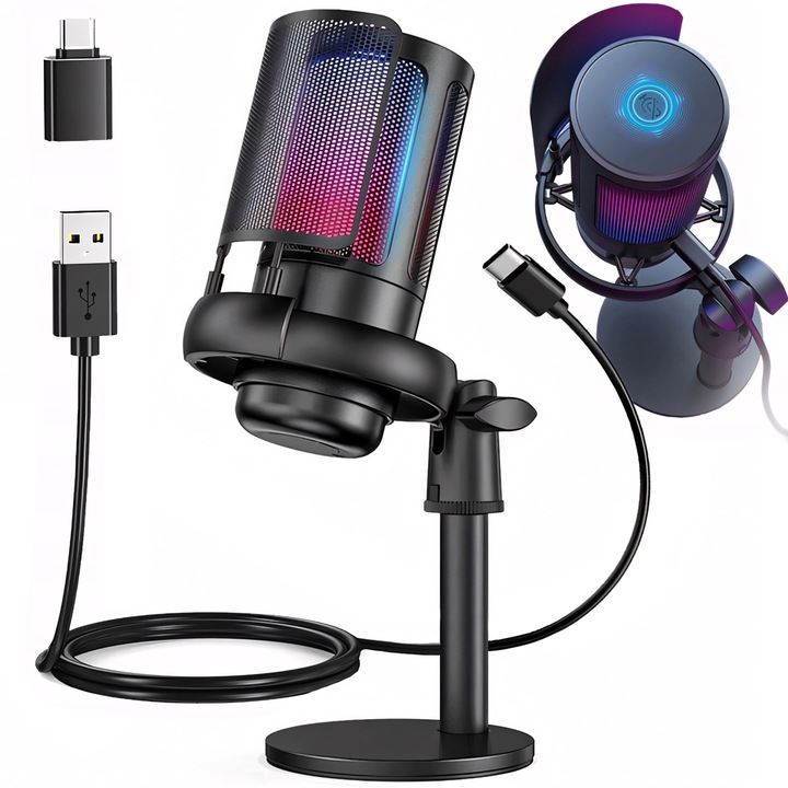 Microfon Gaming RETOO TechPro, Cardioid, cu Iluminare LED RGB, Brat Ajustabil, Adaptor USB-C, Condensator, Pop-Filter, Functie Mute Rapid, Sensibilitate 34dB, 60-18000Hz, Membrana 14mm, Impedanta 2.2kΩ, Carcasa Metalica, Cablu 1.7m, Ideal pentru Streaming