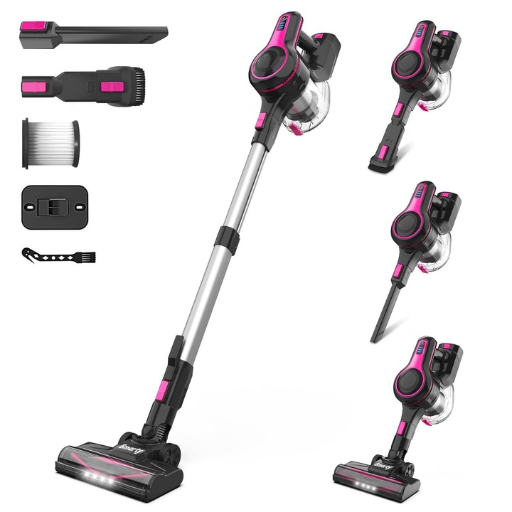 Прахосмукачка Smarty® Nova5 Titan, циклонна система за филтриране, безжична, 22,2 V Li батерия, 180 W, автономност до 50 минути, висока мощност на засмукване, Turbo функция, 1,2 l резервоар за прах, HEPA филтър, черен/магента
