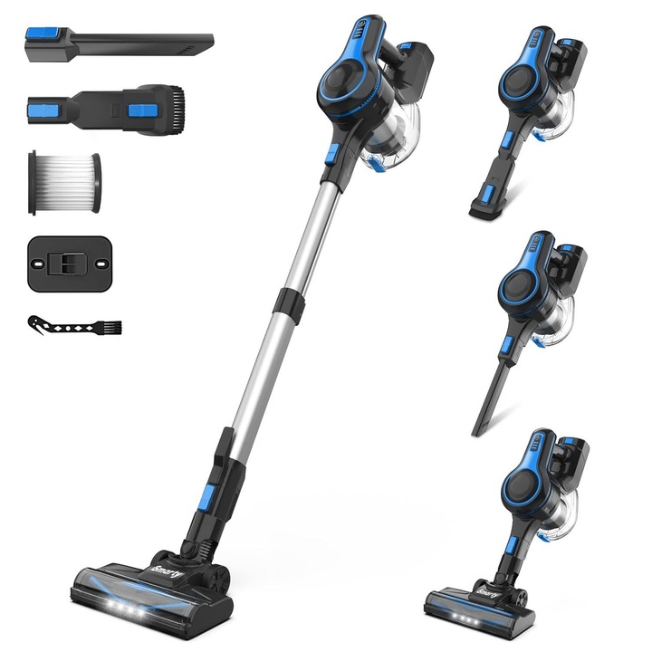 Aspirator vertical fara fir Smarty® Nova 5 Titan, sistem de filtrare ciclonic, 2in1: aspirator vertical sau de mana, acumulator Li 22.2V, 180W, putere de aspirare mare, functie Turbo, rezervor colectare praf 1.2 l, filtru HEPA, Negru/Albastru