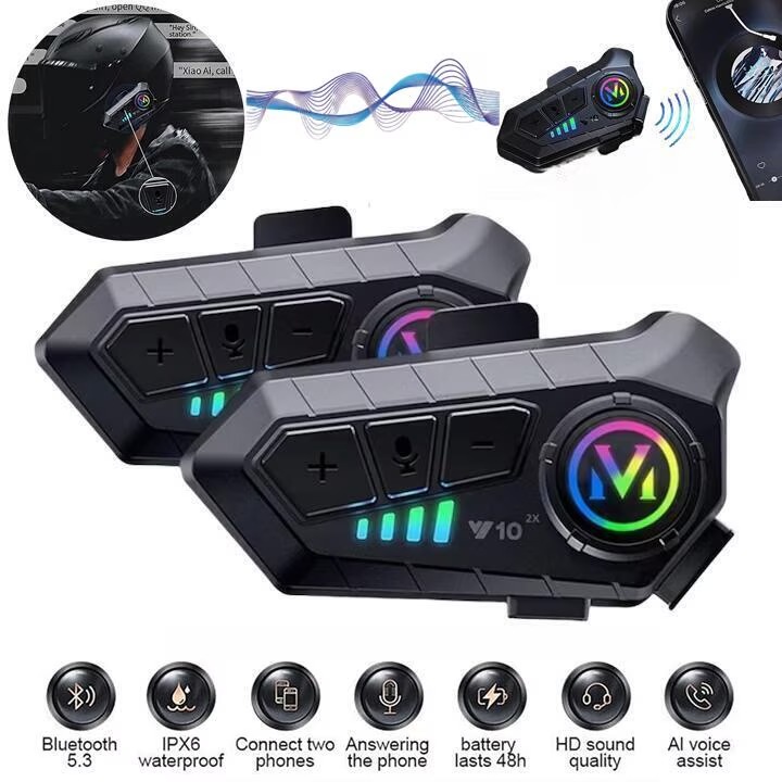 Комплект от 2 мотоциклетни интерком комуникационни системи Y10-2X Bluetooth водоустойчив 1000mAh черен гланц