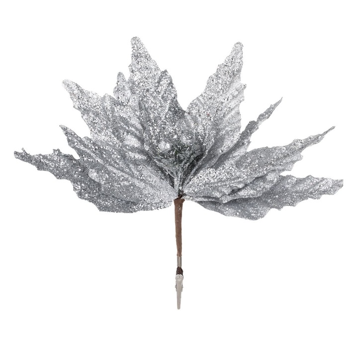 Floare Decorativa de Craciun cu Clips Craciunita Argintie Glitter 26cm