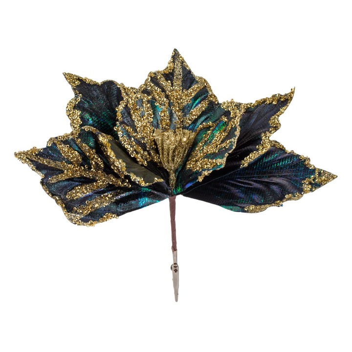 Floare decorativa craciunita cu clips albastra verde cu glitter auriu paiete 28cm