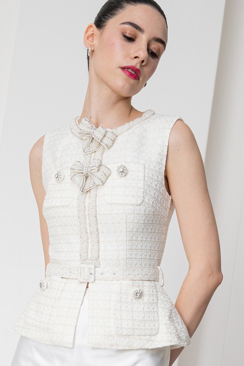 Self Portrait, Миди рокля с мъниста, Крем/Сребрист/Светло бежово