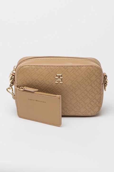 Tommy Hilfiger, Distinct keresztpántos műbőr táska logómintával, Világosbarna