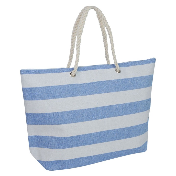 Плажна чанта Shopiens®, бежова със сини райета, цип, 28 см въжени дръжки и вътрешен джоб, 56 х 43 х 15 см