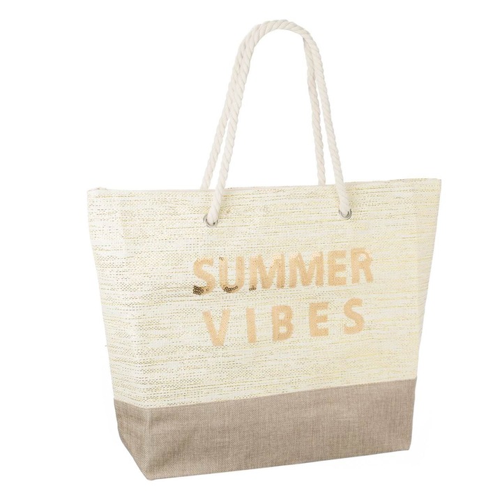 Geanta de plaja Bej Iuta Folie de aur Paiete "SUMMER VIBES" 55.5x15x42cm