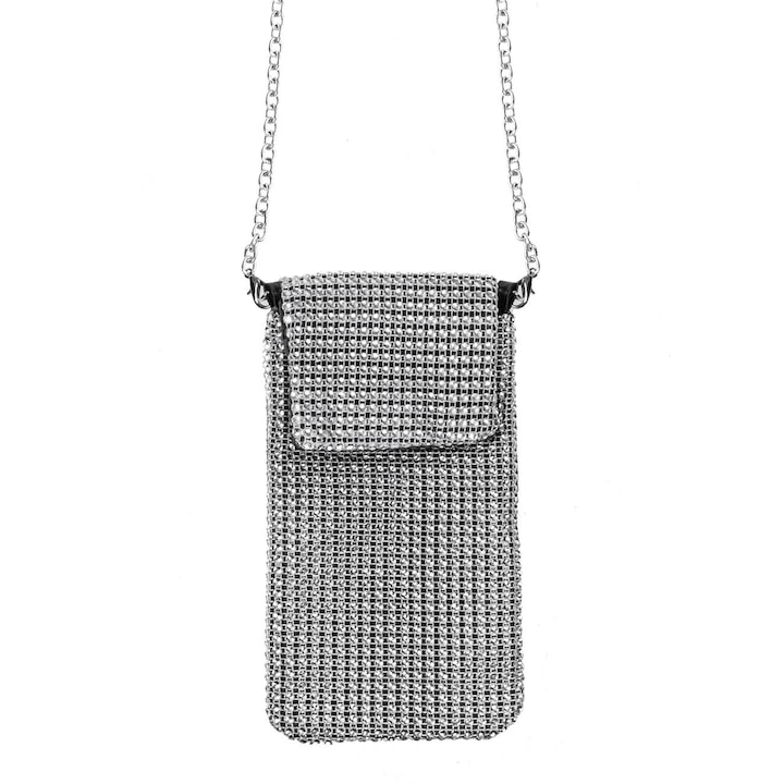 Geanta Telefon Mobil cu Strass Argintiu & Lant Argintiu pentru Femei 11x20.5cm