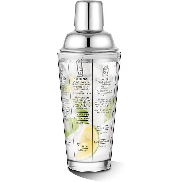 Cocktail Shaker din sticla 450 ml, cu capac din otel inoxidabil, strecuratoare si retete imprimate