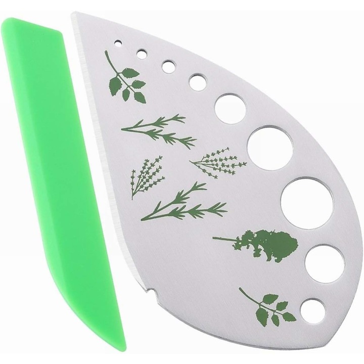 Tocator manual pentru ierburi Leski, instrument de curatat frunze, margini ascutie, 9 gauri de diferite dimensiuni, multifunctional, material otel inoxidabil, maner ergonomic, rezistent la rugina, 12.3 x 6.9 cm, argintiu