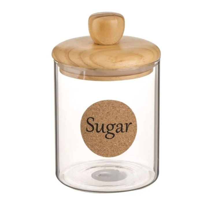 Borcan din sticla, "Sugar", capac de lemn, transparent/natur, 700ml, 10x17cm