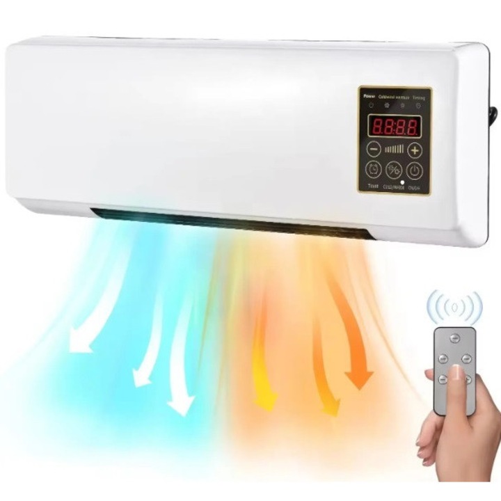 Hordozható léghűtő 2 az 1-ben, 1800 W, elektronikus termosztát, LED kijelző, időzítő, hűtési és fűtési funkciók, ruhaszárítási támogatás, falra akasztható tartó, távirányító