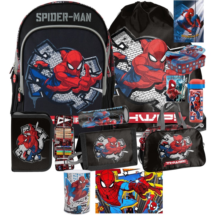Set spider-Man Rucsac pentru copii scoala, penar, sac pentru pantofi, cutie pentru pranz, sticla de apa, geanta sport, portofel, penar tubular, dosar, caiet, pusculita, bloc de birou SPIDERMAN