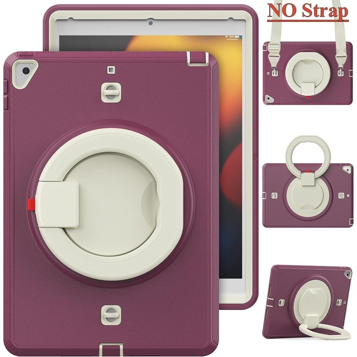 Pachet complet 360° Sigloo: Husa Shockproof Armor + Folie integrata pentru Apple iPad 9th/8th/7th Gen (2021/2020/2019), 10.2", cu stand rotativ, Mov cu Alb