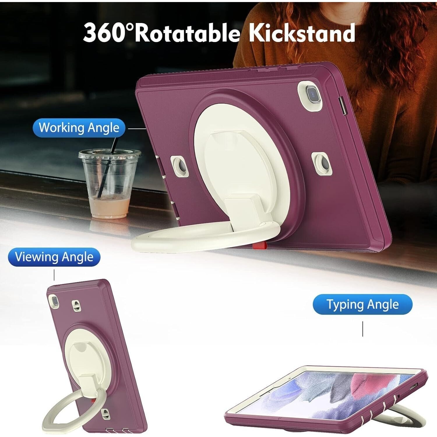Pachet complet 360° Sigloo: Husa Shockproof Armor + Folie integrata pentru Apple iPad 9th/8th/7th Gen (2021/2020/2019), 10.2", cu stand rotativ, Mov cu Alb