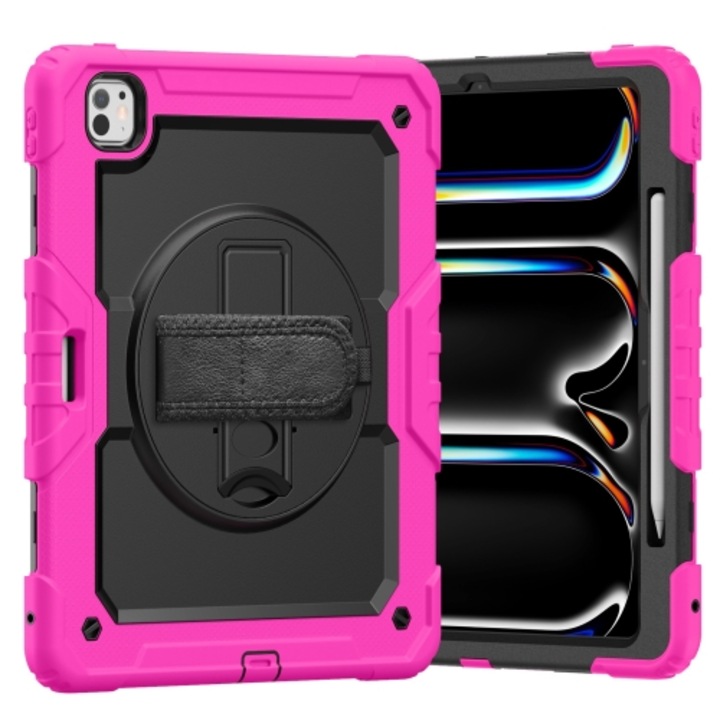 Pachet complet 360° Sigloo: Husa Shockproof Armor + Folie integrata pentru iPad Mini 7/6, 8.3'', cu stand rotativ si curea umar, Fucsia