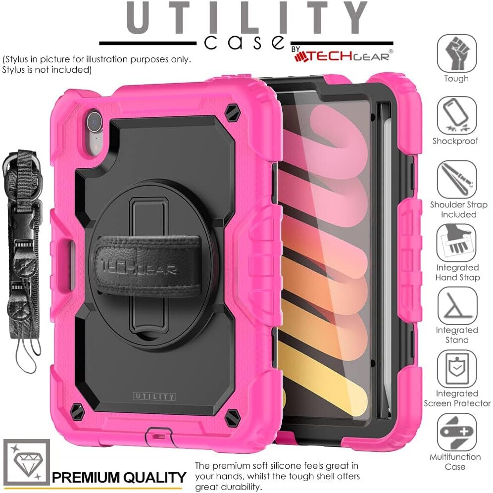 Pachet complet 360° Sigloo: Husa Shockproof Armor + Folie integrata pentru iPad Mini 7/6, 8.3'', cu stand rotativ si curea umar, Fucsia