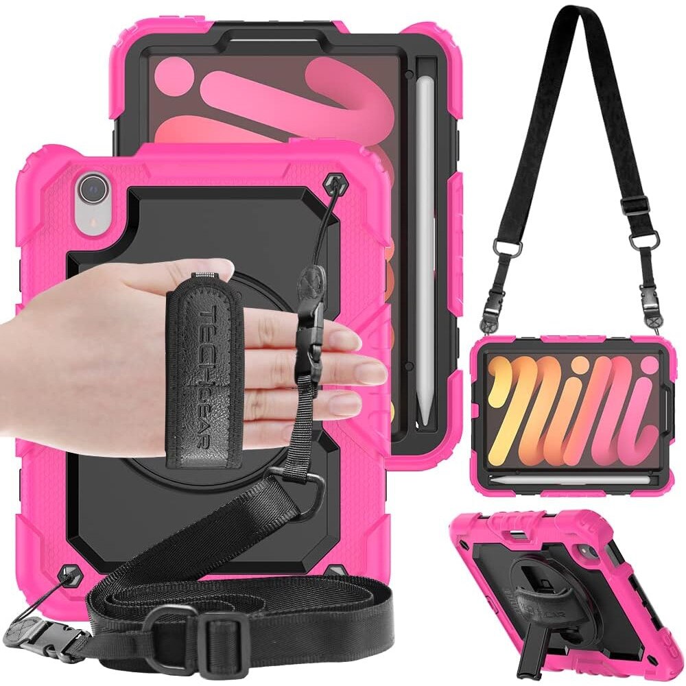 Pachet complet 360° Sigloo: Husa Shockproof Armor + Folie integrata pentru iPad Mini 7/6, 8.3'', cu stand rotativ si curea umar, Fucsia
