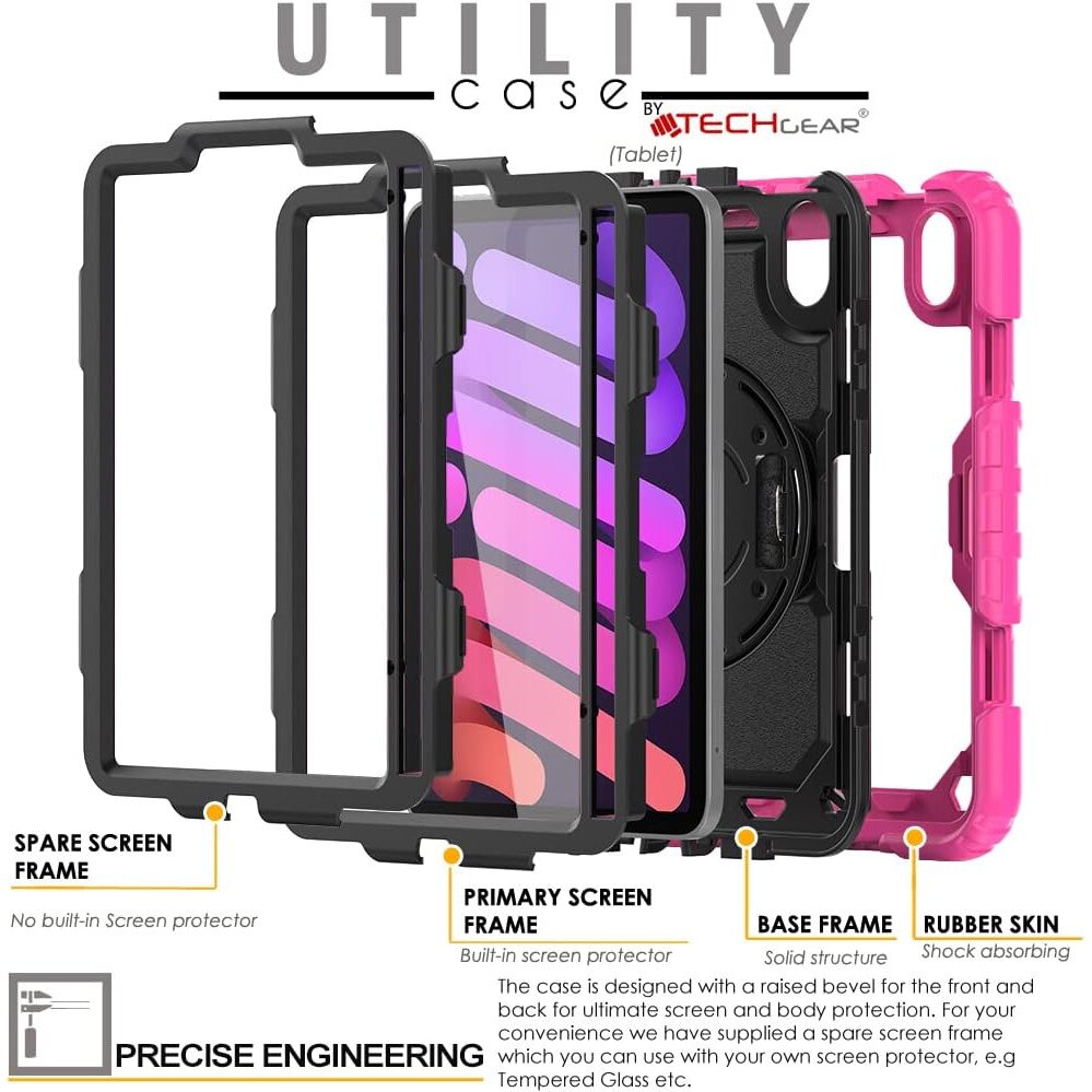 Pachet complet 360° Sigloo: Husa Shockproof Armor + Folie integrata pentru iPad Mini 7/6, 8.3'', cu stand rotativ si curea umar, Fucsia