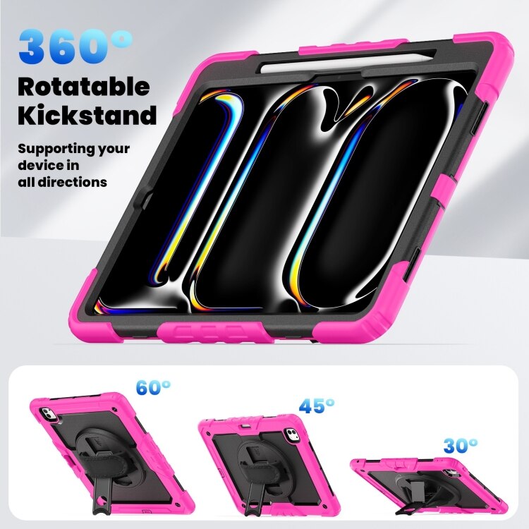 Pachet complet 360° Sigloo: Husa Shockproof Armor + Folie integrata pentru iPad Mini 7/6, 8.3'', cu stand rotativ si curea umar, Fucsia