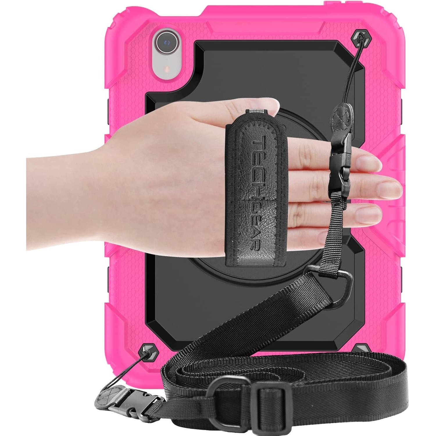 Pachet complet 360° Sigloo: Husa Shockproof Armor + Folie integrata pentru iPad Mini 7/6, 8.3'', cu stand rotativ si curea umar, Fucsia