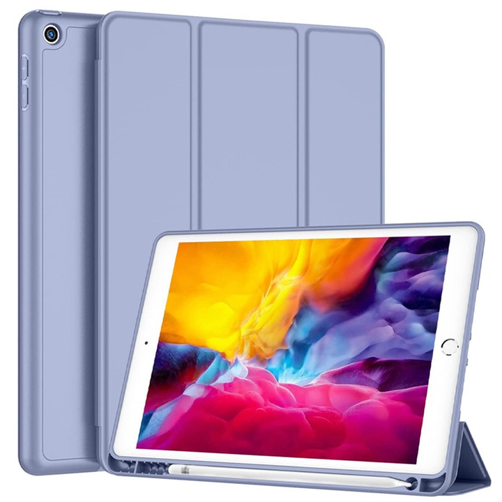 Калъф за книга с държач за писалка за Apple iPad 10,2 инча 7/8/9, 2019/2020/2021, пълна защита, сгъваем, лавандулово синьо