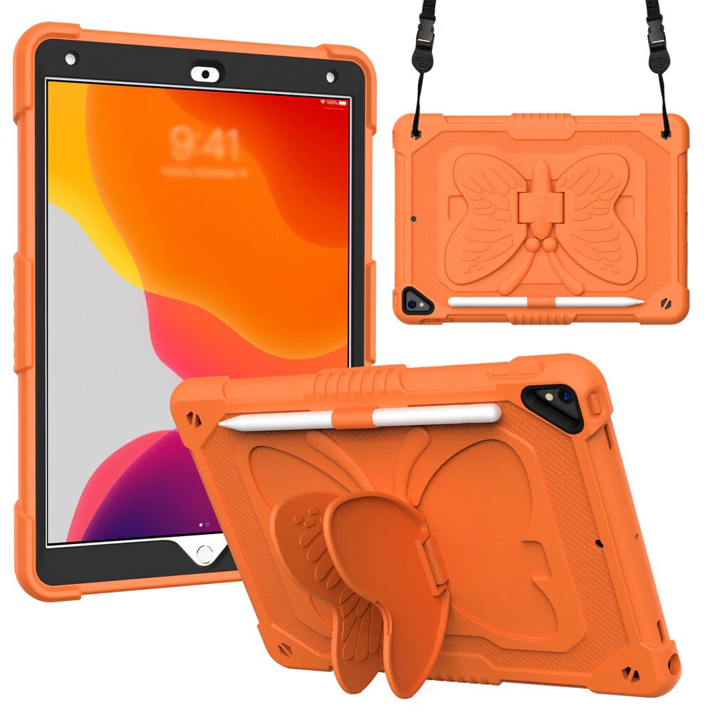 Husa premium Sigloo pentru Apple iPad 9th/8th/7th Gen (2021/2020/2019), 10.2'', Protectie Completa, Suport Creion, Stand Fluture, Curea Umar, Anti-Soc, Portocaliu