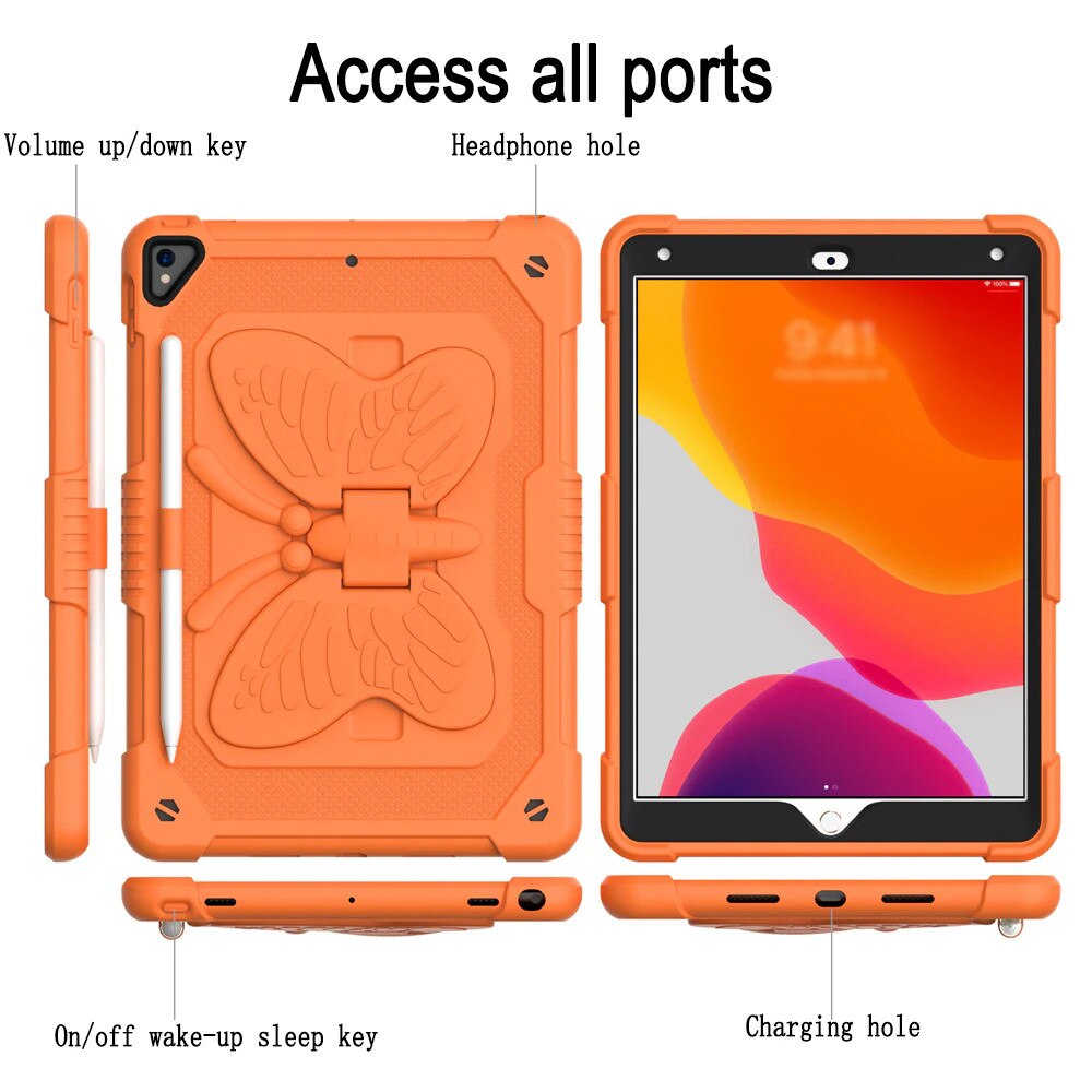 Husa premium Sigloo pentru Apple iPad 9th/8th/7th Gen (2021/2020/2019), 10.2'', Protectie Completa, Suport Creion, Stand Fluture, Curea Umar, Anti-Soc, Portocaliu