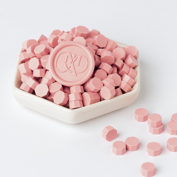 Granule ceara pentru sigilii de ceara, Mariart, culoare Roz somon pentru invitatii nunta, botez, artizanat, plicuri, papetarie evenimente, cantitate pentru 15 sigilii