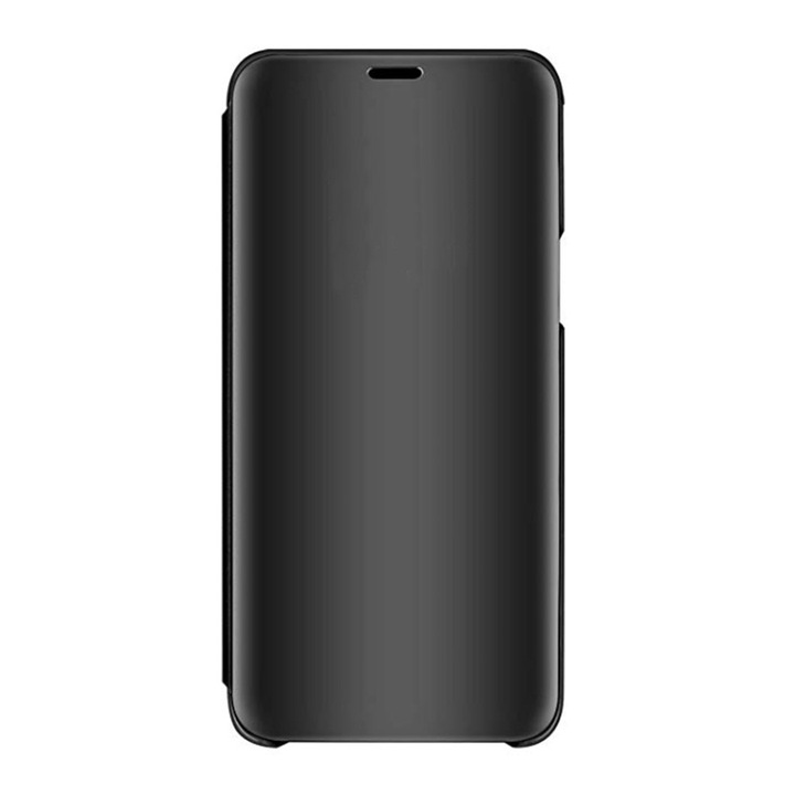 Луксозен огледален капак с подвижна стойка, съвместим с Huawei P Smart 2021, полупрозрачен капак, тип огледало, функция на стойка, черен