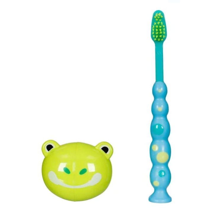 Kék zöld gyermek fogkefe és béka tok