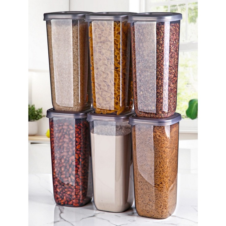 Set 6 Recipiente Alimentare Lightweight Durable UnicUtil®, Design Ergonomic si Stivuibil cu Capace Etanse, Ideal Pentru Depozitarea Alimentelelor Gatite, Ingrediente Sau Gustari in Frigider, Congelator sau Camara, Usor de Curatat, Culoare Antracit Modern