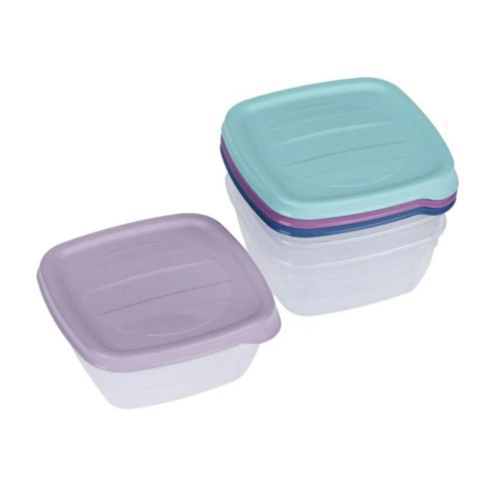 Set caserole transparente, capac colorat, 4buc, 250ml, 10x10x4.5 cm