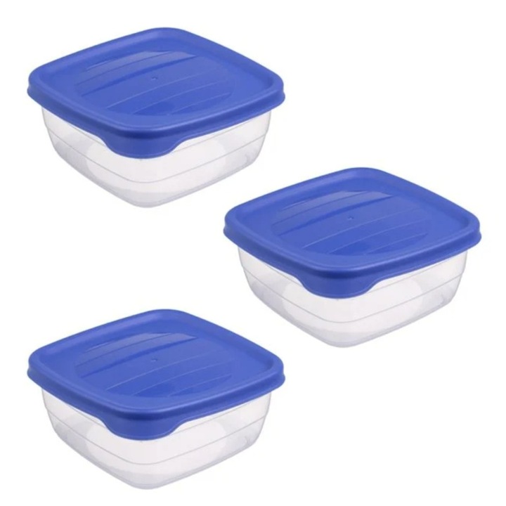 Set 3 caserole transparente, cu capac albastru, plastic, 500ml