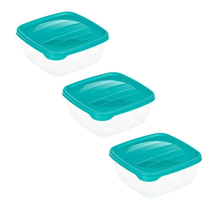Set 3 caserole transparente, cu capac verde, plastic, 900ml, 13x13x7cm