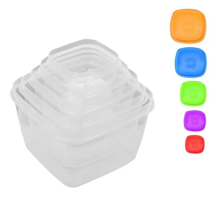 Set 5 caserole transparente, cu capace colorate, plastic, marimi diferite, 560ml-850ml-1.15L- 1.6L-2L