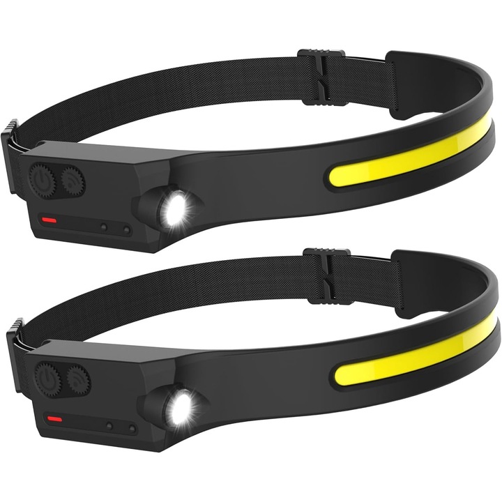 Set 2 lanterne frontale LED reincarcabile cu USB, 5 moduri de iluminare 230 grade, rezistente la apa, senzor de miscare, IPX4, negru