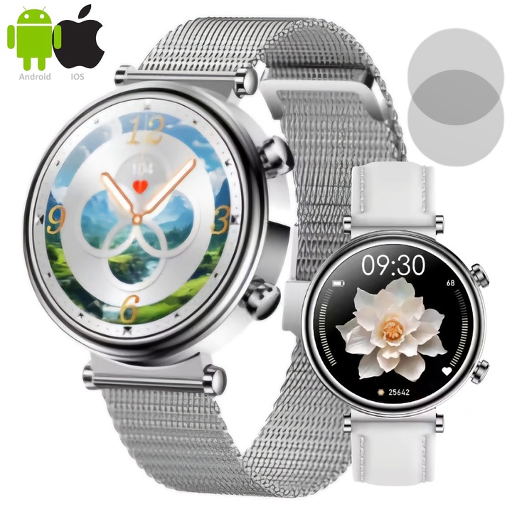 Дамски SmartWatch ZENARK EMO 9 PRO, 2 гривни в комплекта, 1,27 инча Ultra 4K AMOLED екран, Известия, Обаждания, Глюкоза, Мазн в кръвта, Дишане, Телесна температура, Сън, Сърдечен ритъм, Кръвно налягане, Пикочна к-на, Кислород в кръвта, Спорт, IP68, Сребро