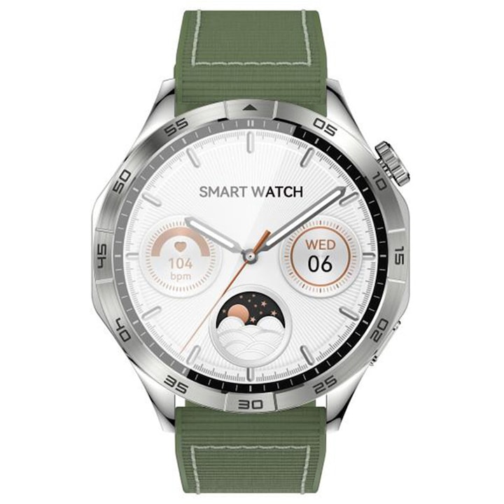 Смарт часовник XO Watch4 Smart Sport, Bluetooth, 1,43" Amoled екран, 250mAh батерия, мултифункционален, зелена силиконова каишка, сребрист