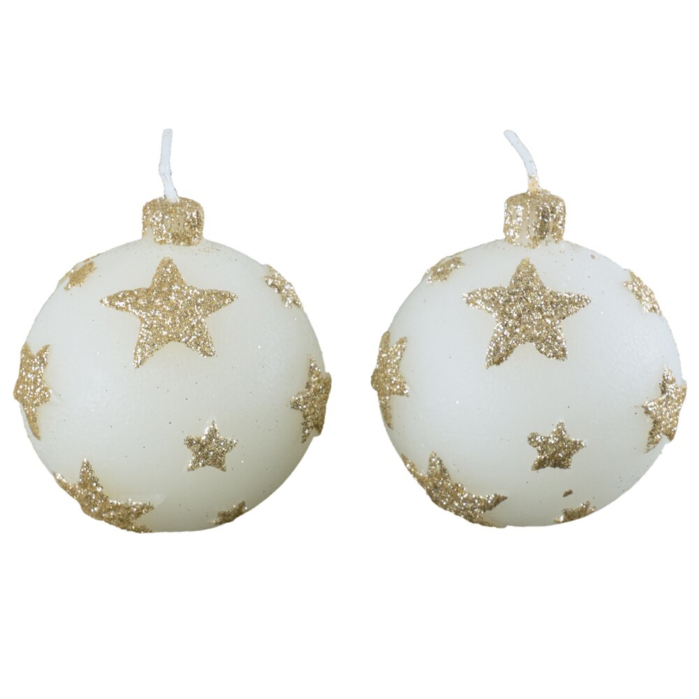 Set de 2 lumanari eNoelle, model globuri albe cu stelute in relief