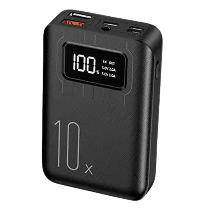 Външна батерия, 10000 mAh, бързо зарядно, MiniX10, дигитален дисплей, LED фенерче, черна