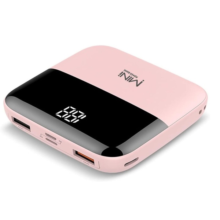 Външна батерия, 10 000 mAh, бързо зарядно, VoltPocket, дигитален дисплей, розова