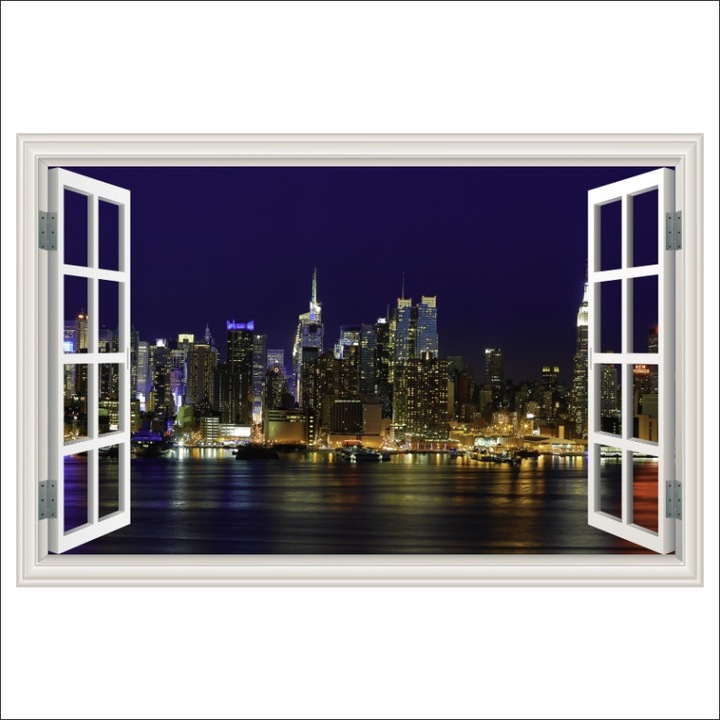 Fototapet de perete autoadeziv si lavabil Fereastra Manhattan, New York noaptea, 135 x 90 cm