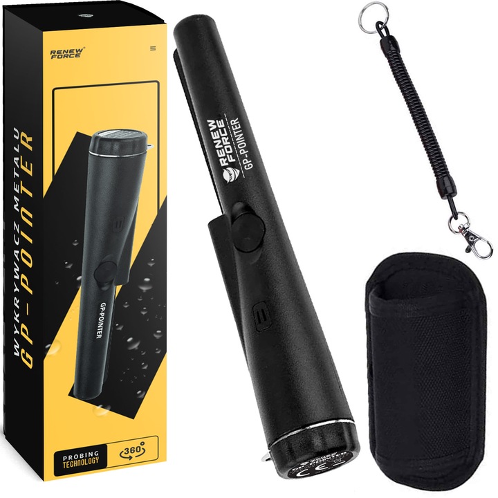 Detector de Metale GP-POINTER Renew Force, Dispozitiv de Cautare 360°, Portabil, Impermeabil IP66, Ideal pentru Detectarea Monedelor, Cablurilor si Obiectelor Metalice in Pereti sau Sol, Usor de Utilizat, Cu Lanterna Integrata, Alimentare 9V