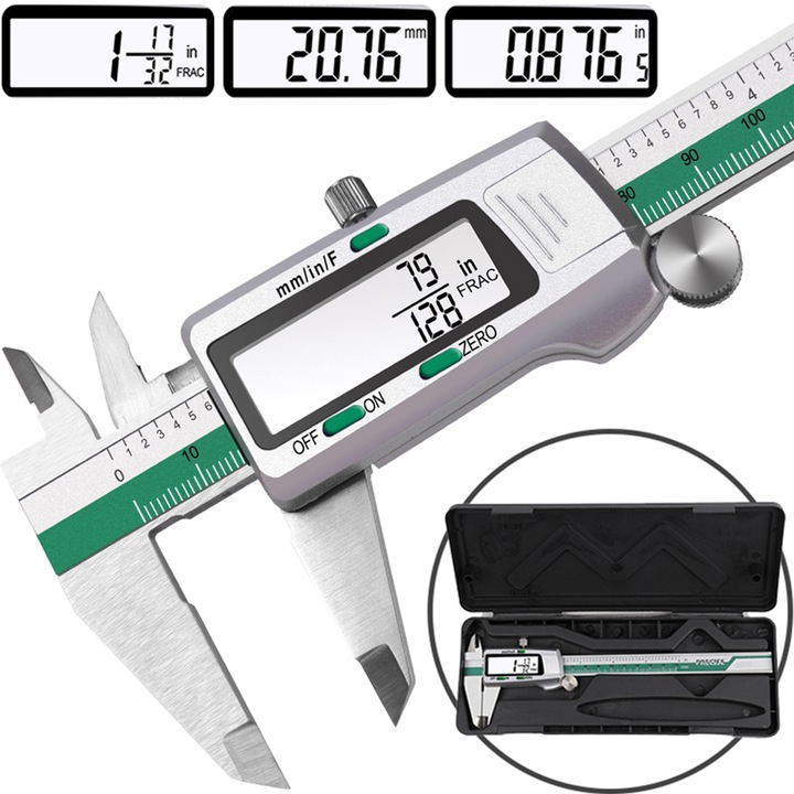 Subler electronic de precizie din otel inoxidabil cu display digital, Subler digita de masurare de 0-150 mm cu cutie de depozitare pentru exterior, interior, adancimi si masurarea treptelor, Renew Force, IP54, 2 moduri, precizie de 0,1 mm, CLPR-2