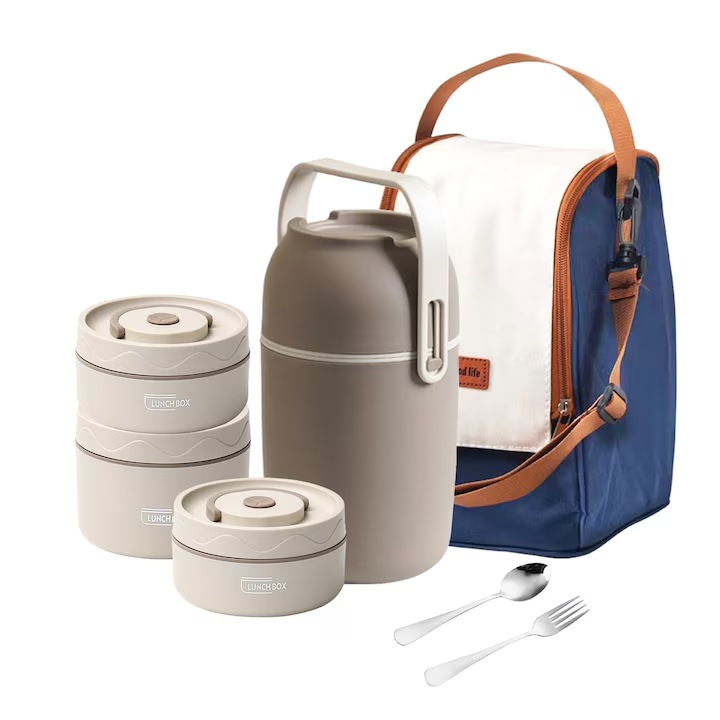 Комплект кутии за обяд от неръждаема стомана 304, изолационна чанта и прибори за хранене от неръждаема стомана, трислойна с голям капацитет, кръгла, бежова