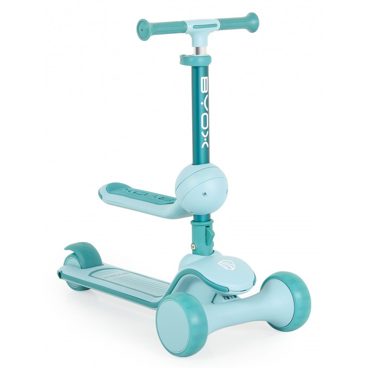 Trotineta 2in1 pentru copii Byox Evo Mint de la 18 luni, cu scaunel pliabil, roti ABEC-5 din PU cu lumini LED, Ghidon cu inaltime reglabila 63-75 cm si frana spate