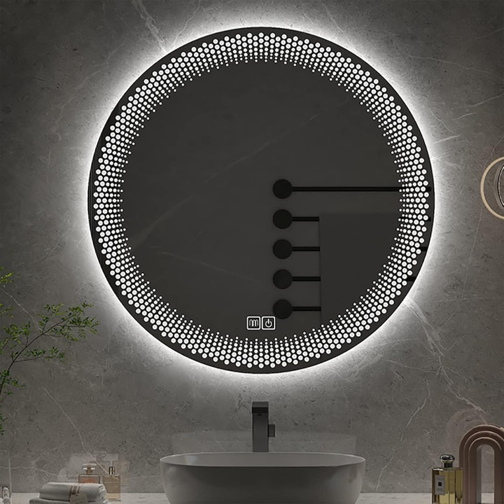 Oglinda Baie LED Rotunda 60cm Touch Sistem Dezaburire, Dimabila, E47S/70X70