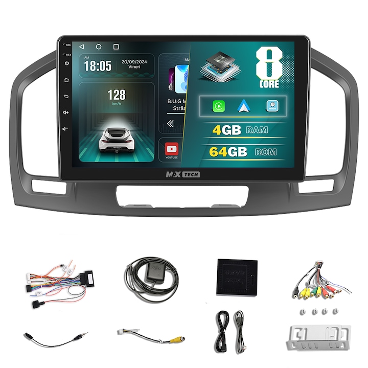 Navigáció Opel Insignia (2008-2017) Android 13 és Carplay rendszerhez, MaxTech, 9" IPS képernyő, 4 GB RAM 64 GB ROM, DSP, EQ, GPS funkciók, WIFI, RDS, rádió, Bluetooth, Youtube, Waze
