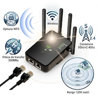 Amplificator Semnal WiFi, N2L Store®, Range Extender Retea WiFi 1200M, 3 Functii Repeater, Mod AP si Router, Transfer 1200MBs, 4 Antene, Retea 2.4 G/5G, Conexiune WEP, WPA si WPA2, Slot LAN, Negru